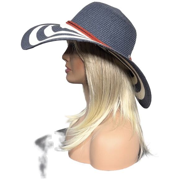 Striped Black and White Sun Hat with Red Accent - Picture 7 of 14